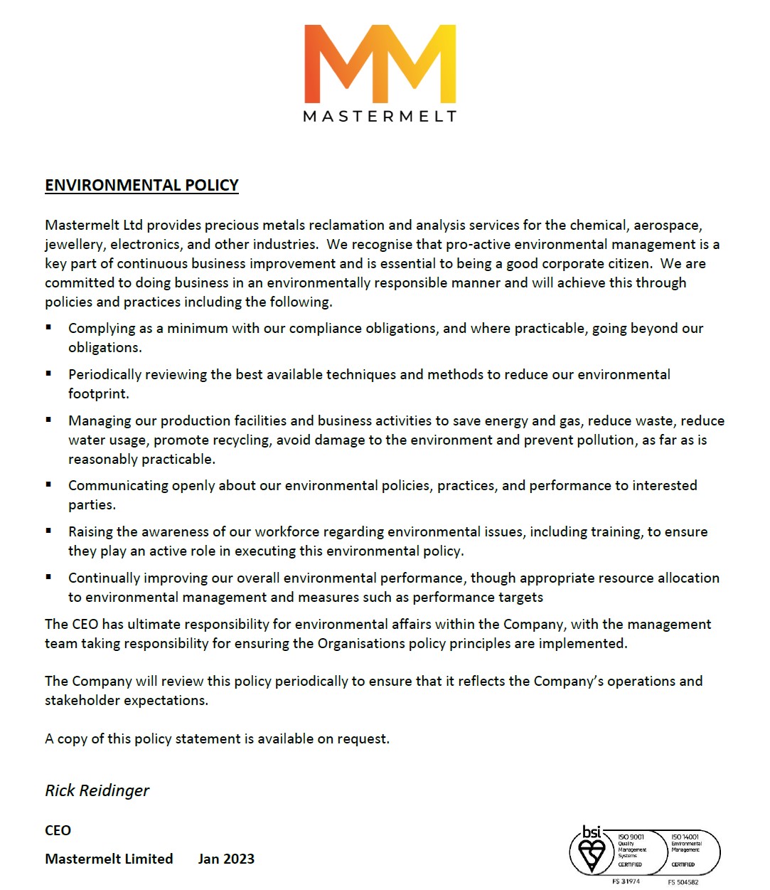 Mastermelt – Environmental Policy 2022