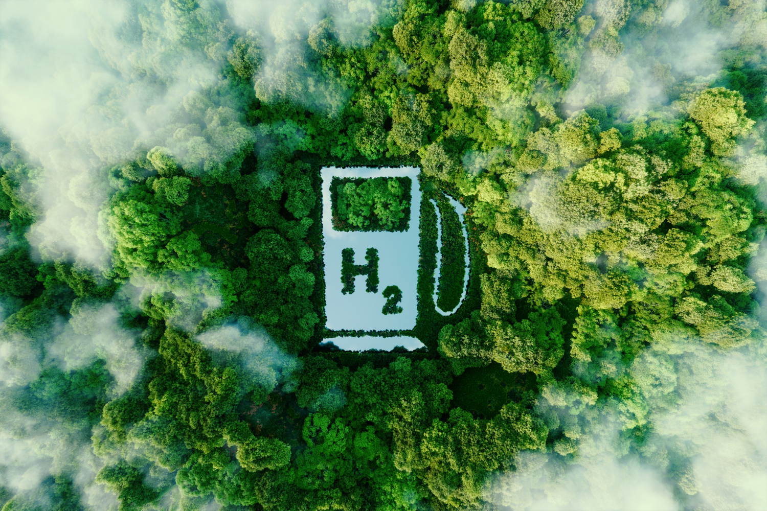 Aerial view of lake shaped green hydrogen pump in a forest