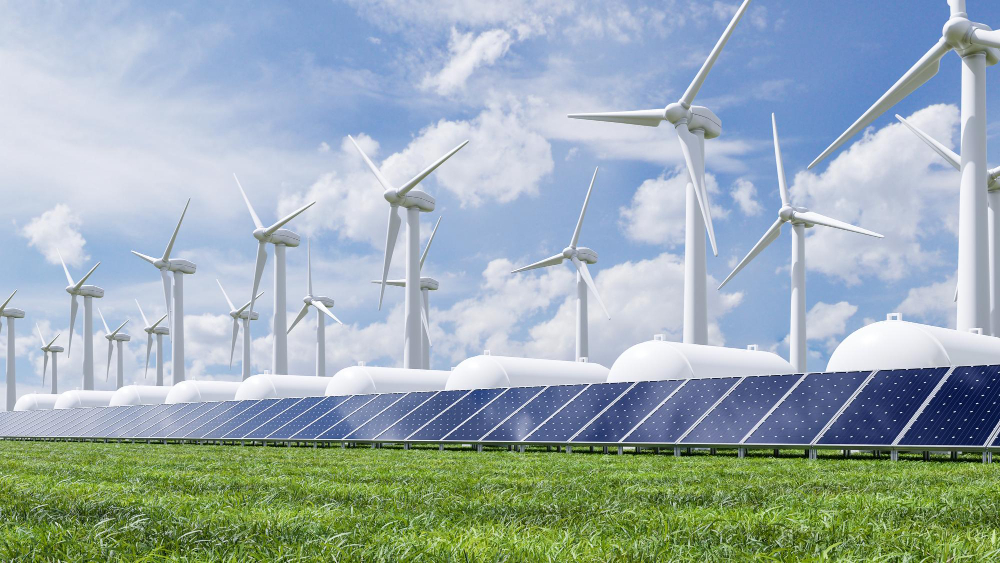 Wid turbines, solar farm and green hydrogen storage tanks