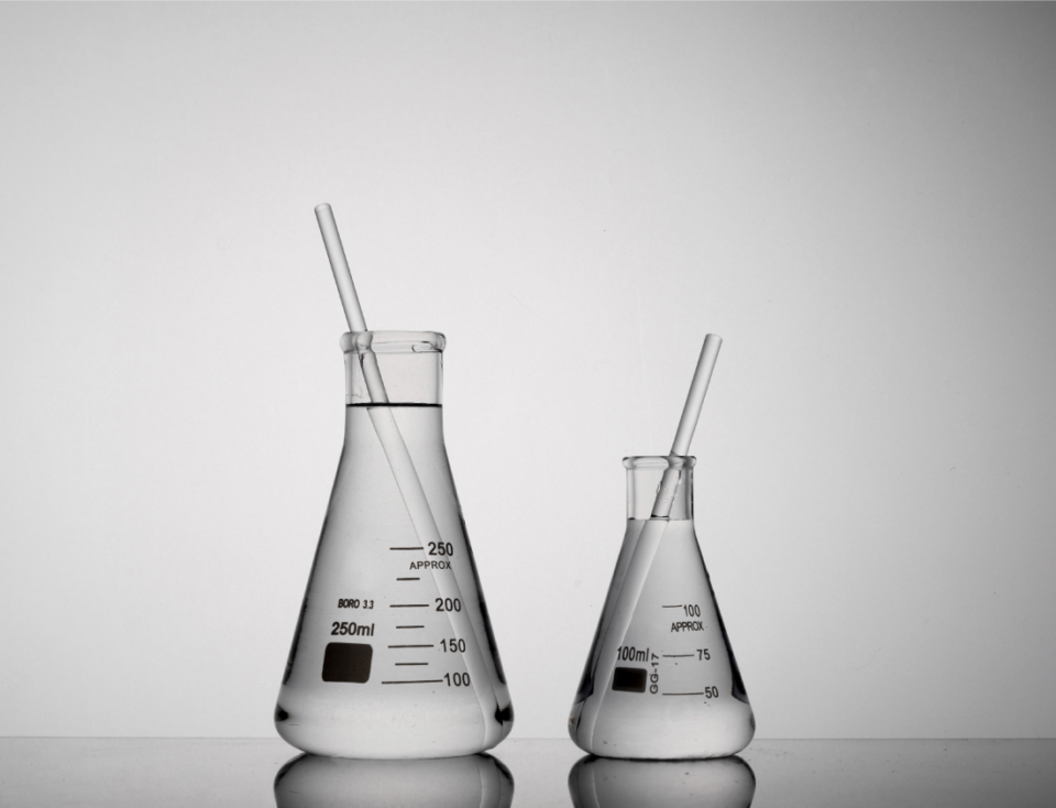 Closeup shot of two tubes inside Erlenmeyer beakers