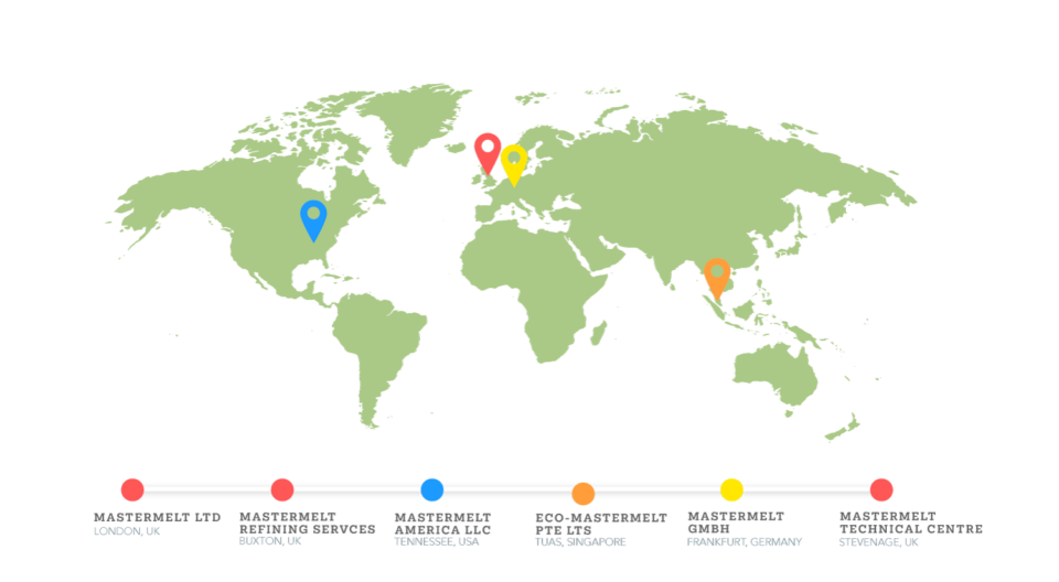 Green world map showing different sites in the Mastermelt group of companies