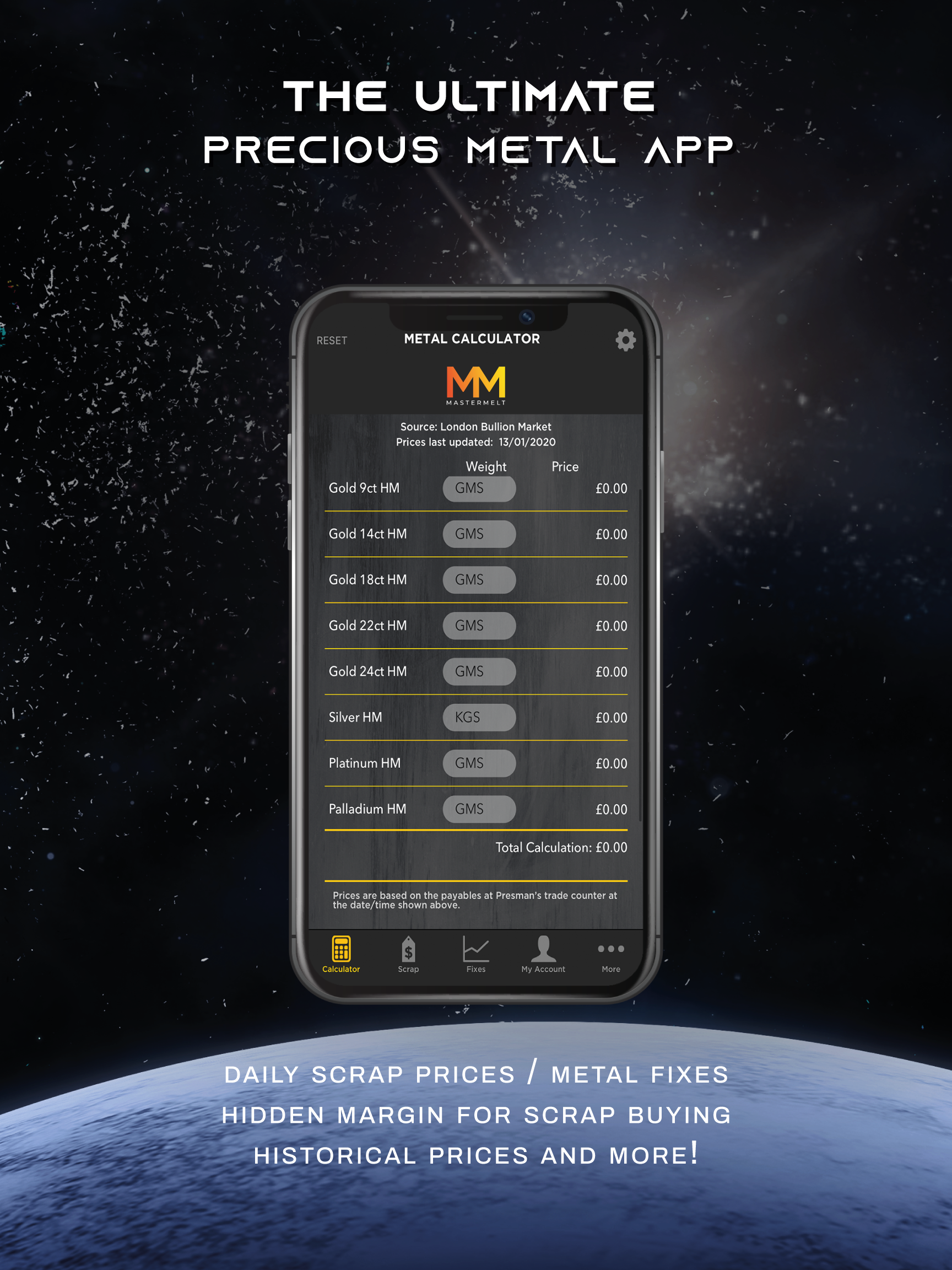 Phone with Mastermelt's scrap app for daily scrap prices and metal fixes