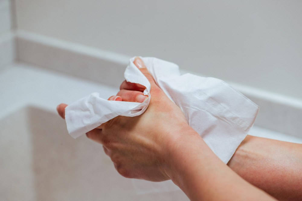closeup-woman-using-antibacterial-wipe-cleaning-hands-bathroom