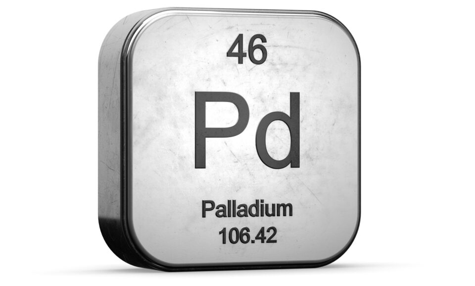 Palladium element from the periodic table series. Metallic icon set 3D rendered on white background