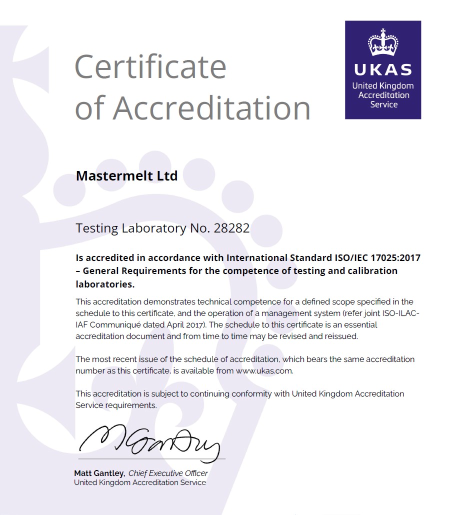 Mastermelt – ISO 17025:2017 Certificate